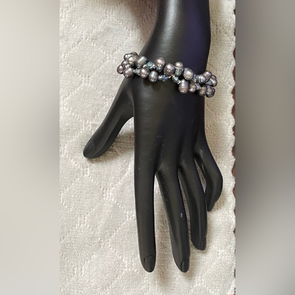 Black FWC pearls and beads stretch bracelet 2 strands intertwined handmade - Picture 2 of 4